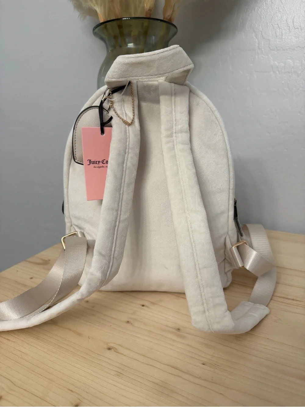 Juicy Couture Cream Rhinestone Logo Mini Backpack with Zip Pocket